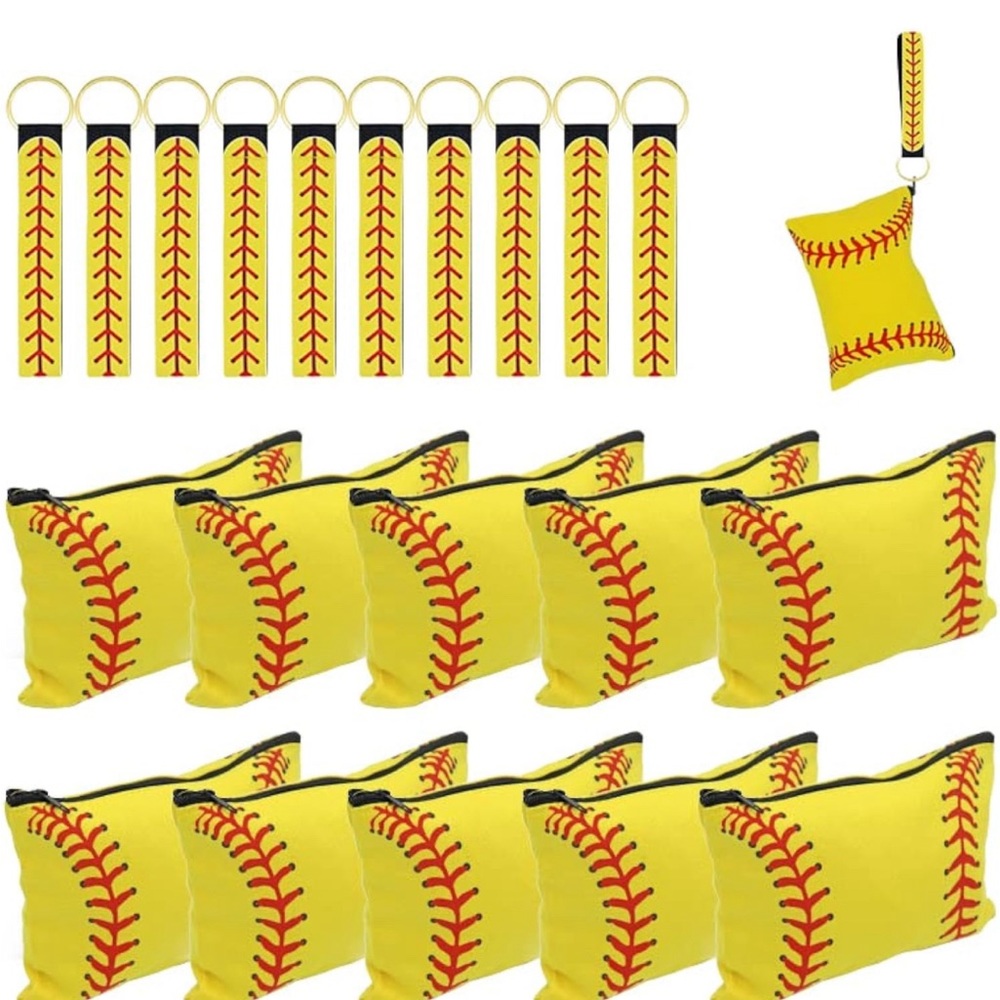10Pc Softball Cosmetic Canvas Bags with Zipper Pouch With Keychains